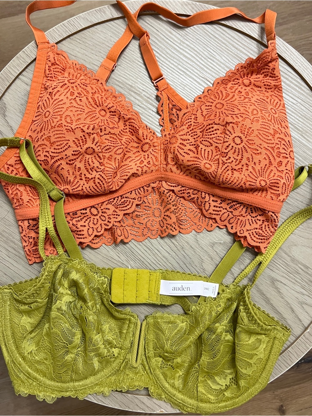 Auden Lace Bralette & Underwire Bra pair Burnt Orange & Olive